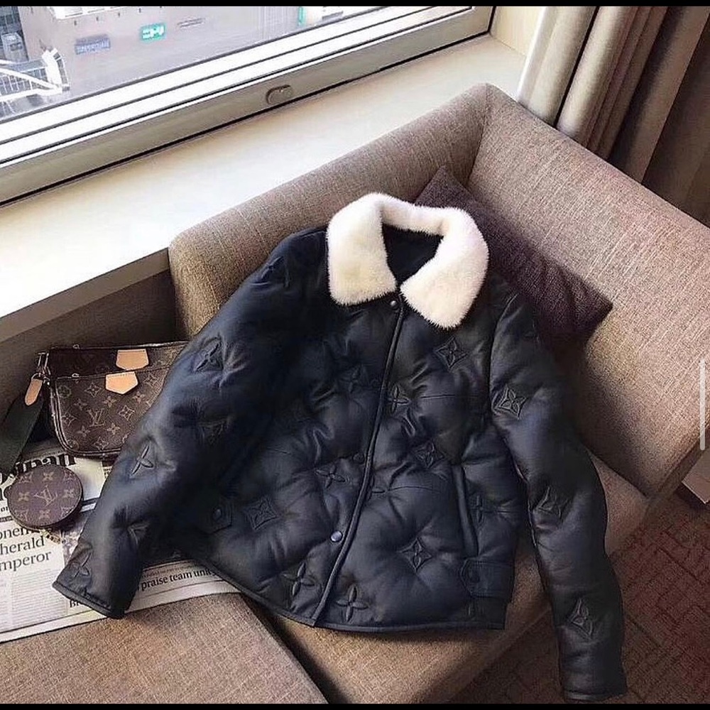 Louis Vuitton leather coat black color with real white mink fur.